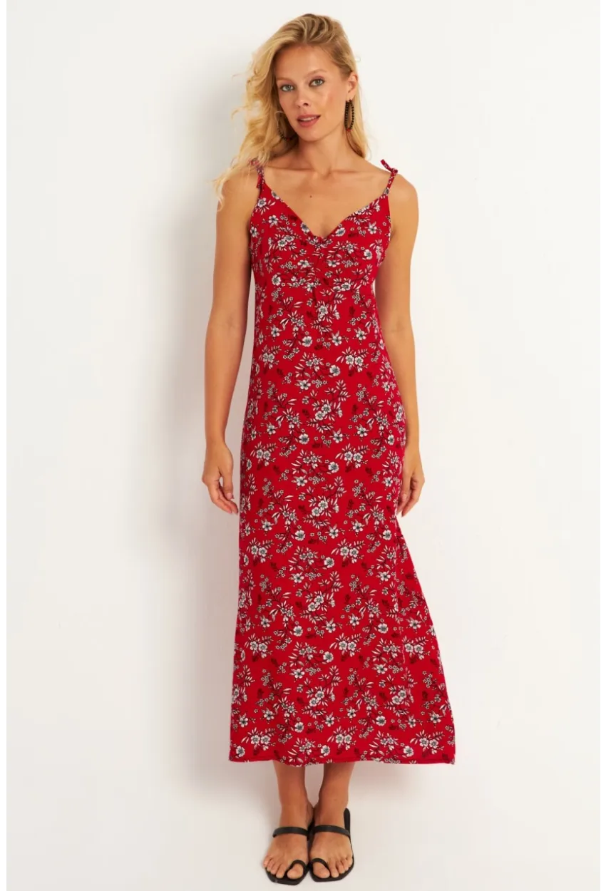 Kadın Kırmızı İp Askılı Çiçekli Midi Elbise GÇ172