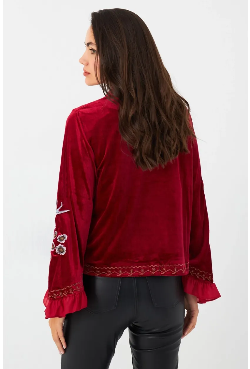 Kadın Kırmızı İspanyol Kol Nakışlı Kadife Ceket QS5577