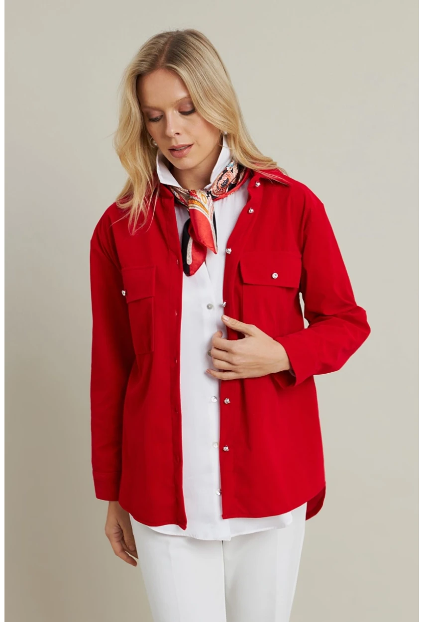 Kadın Kırmızı Kadife Gömlek MCAR1074