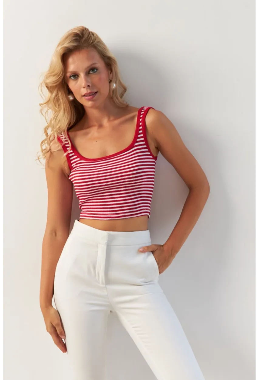 Kadın Kırmızı Kare Yaka Çizgili Bluz XL2036