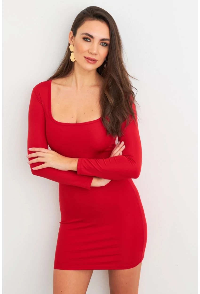 Kadın Kırmızı Kare Yaka Mini Elbise XC8100