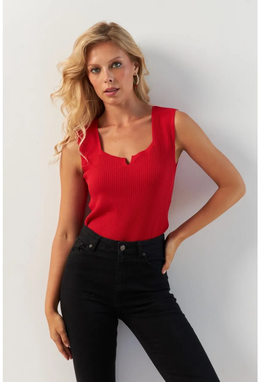 Kadın Kırmızı Kare Yaka Triko Bluz SMT243