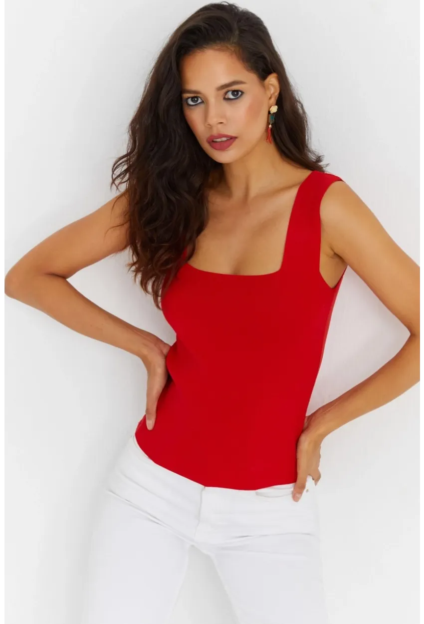 Kadın Kırmızı Kare Yaka Triko Bluz YV87