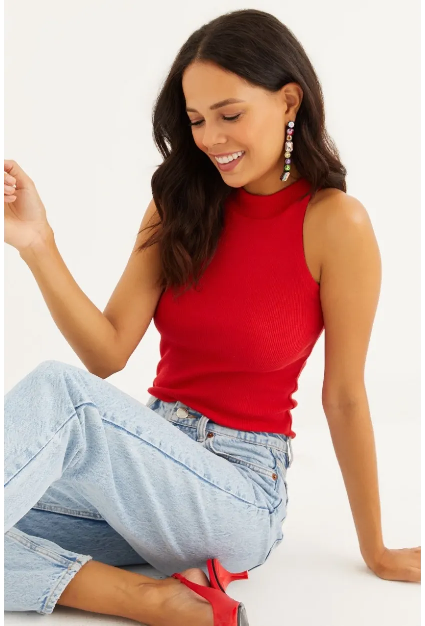 Kadın Kırmızı Kaşkorse Kolsuz Bluz Yİ1566