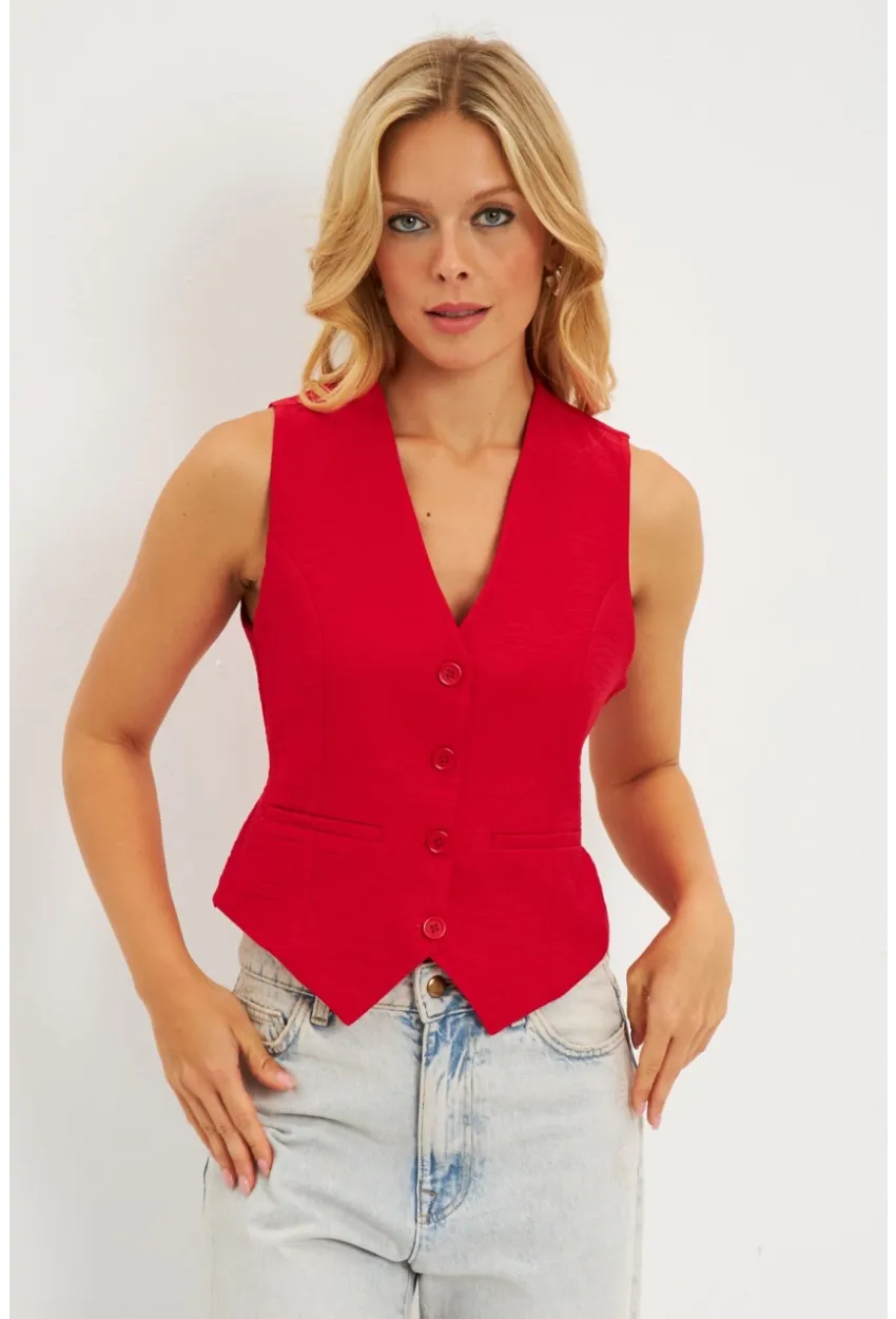 Kadın Kırmızı Keten Astarlı Yelek TW60046