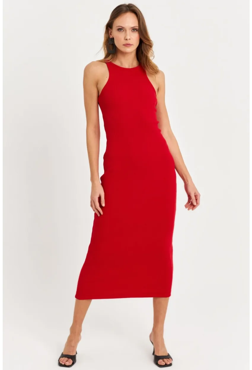 Kadın Kırmızı Kolsuz Kaşkorse Midi Elbise EY3049