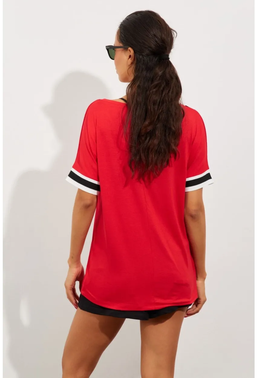 Kadın Kırmızı Kontrast T-Shirt ST396