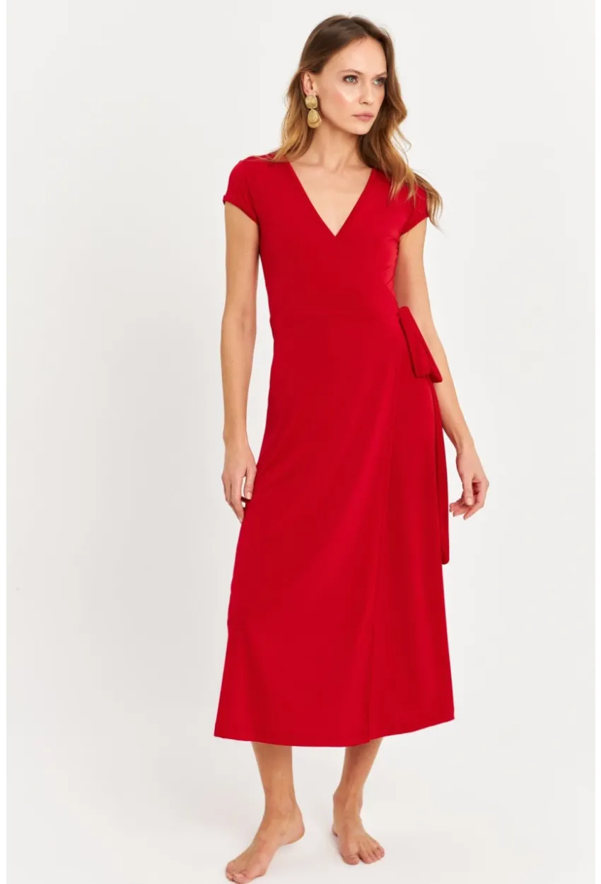 Kadın Kırmızı Kruvaze Midi Elbise EY2785