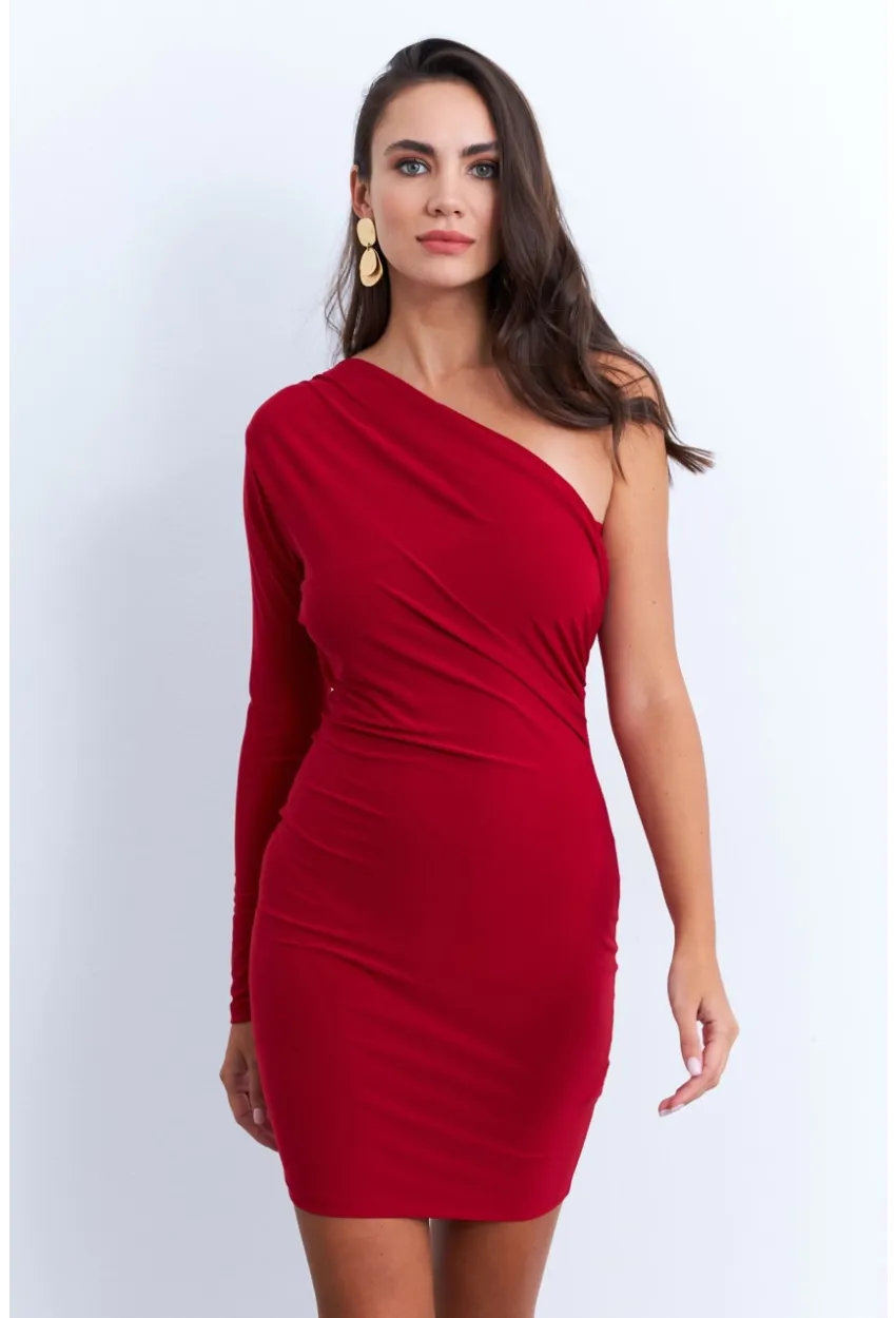 Kadın Kırmızı Kruvaze Tek Kol Mini Yılbaşı Elbise ELT4035