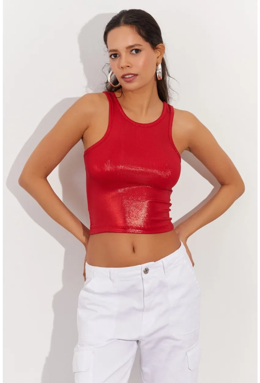 Kadın Kırmızı Metalik Crop Bluz LPP1218