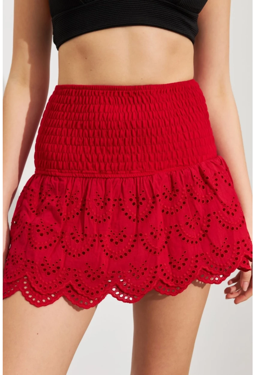 Kadın Kırmızı Nakışlı Mini Etek ZH111