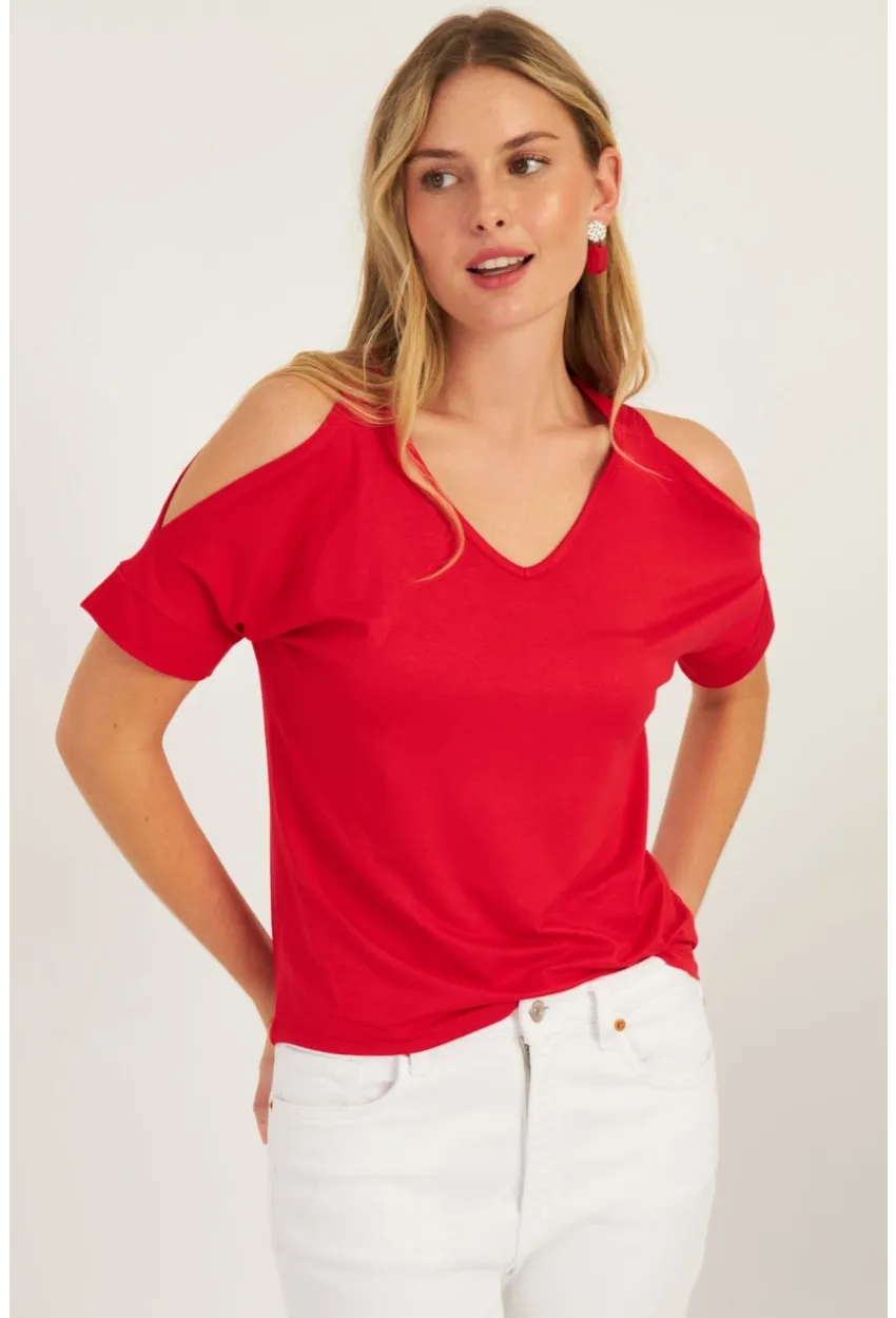 Kadın Kırmızı Omuzları Açık Bluz BR1329