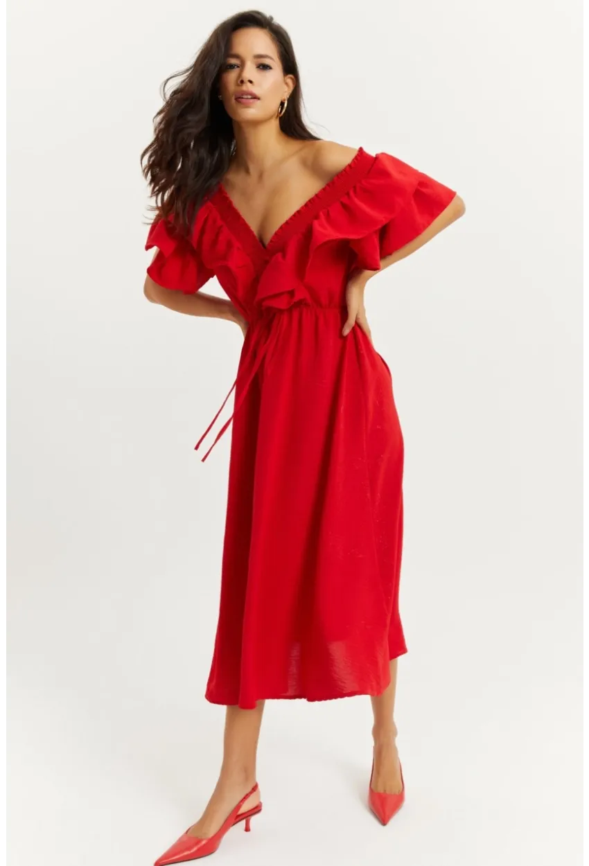 Kadın Kırmızı Ön Arka V Volanlı Elbise KS113