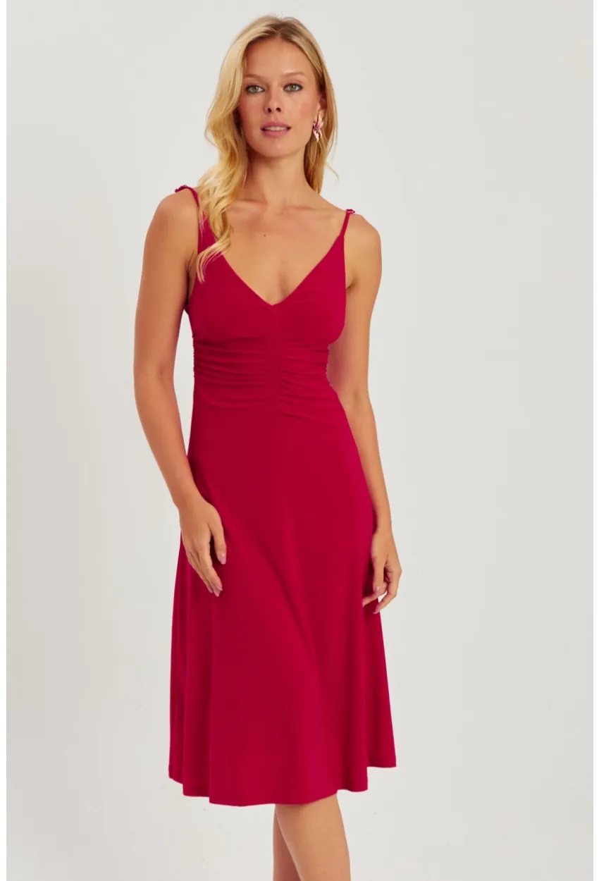 Kadın Kırmızı Önü Büzgülü Midi Elbise HO046
