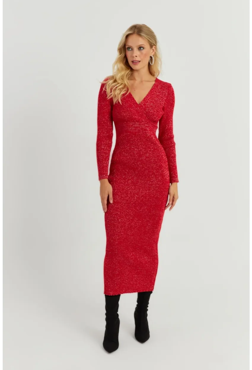 Kadın Kırmızı Simli Kruvaze Triko Maxi Elbise KED3578