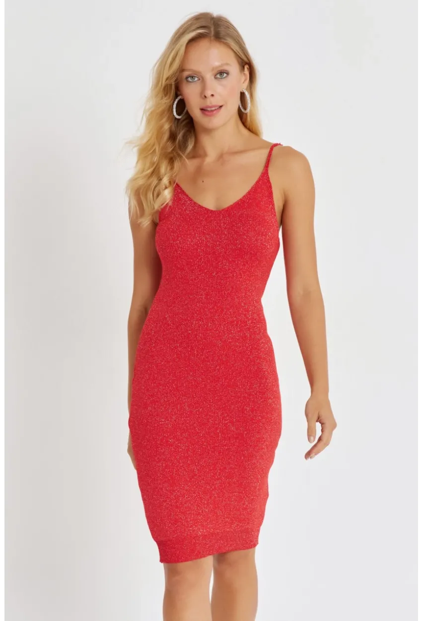 Kadın Kırmızı Simli Midi Elbise YZ525