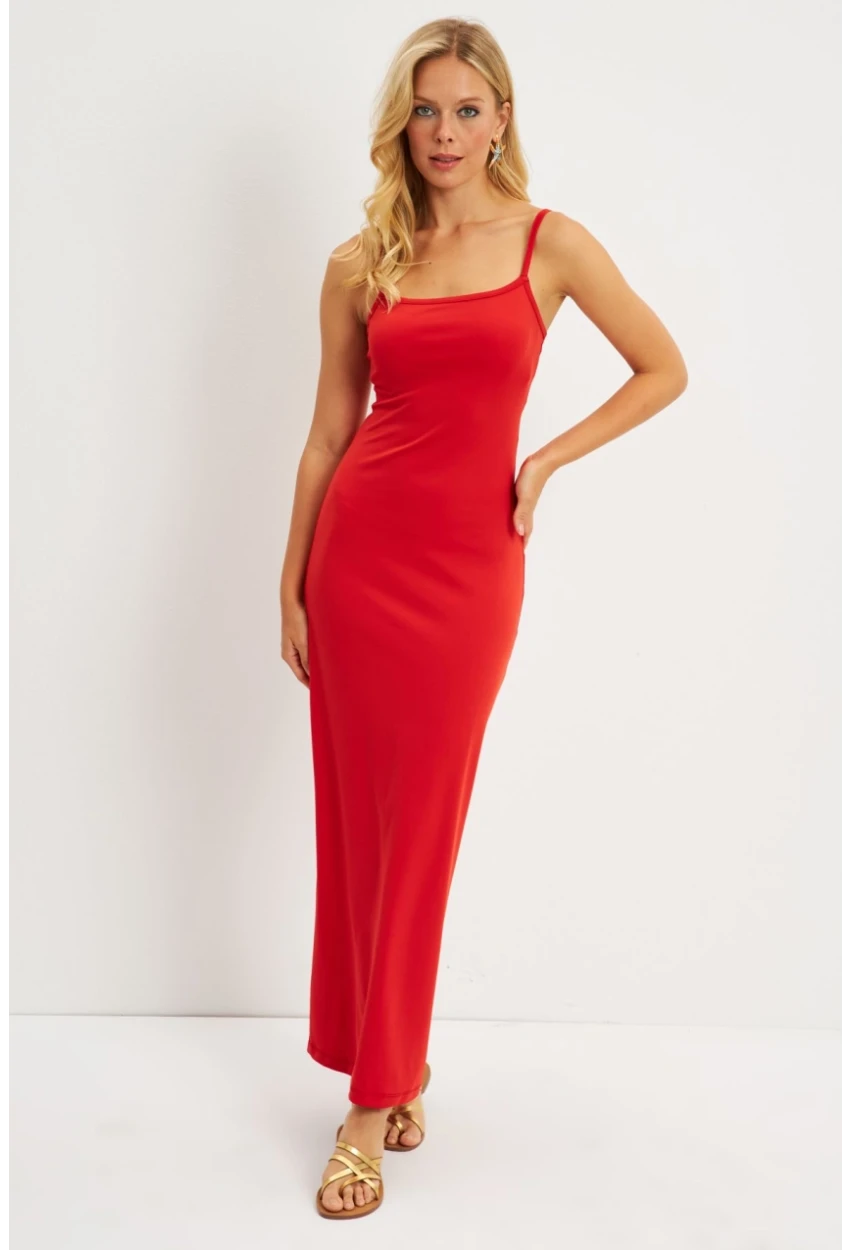Kadın Kırmızı Sırt Dekolteli Midi Elbise EY2798