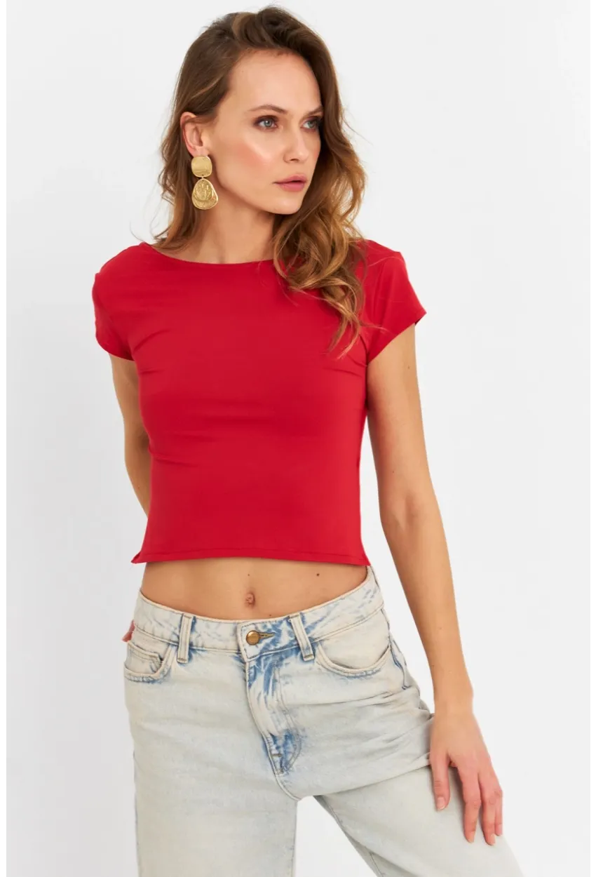 Kadın Kırmızı Sırtı Açık Crop Bluz ZH007