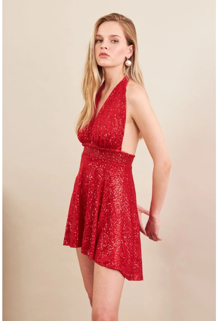 Kadın Kırmızı Sırtı Açık Payetli Astarlı Mini Elbise DCF046