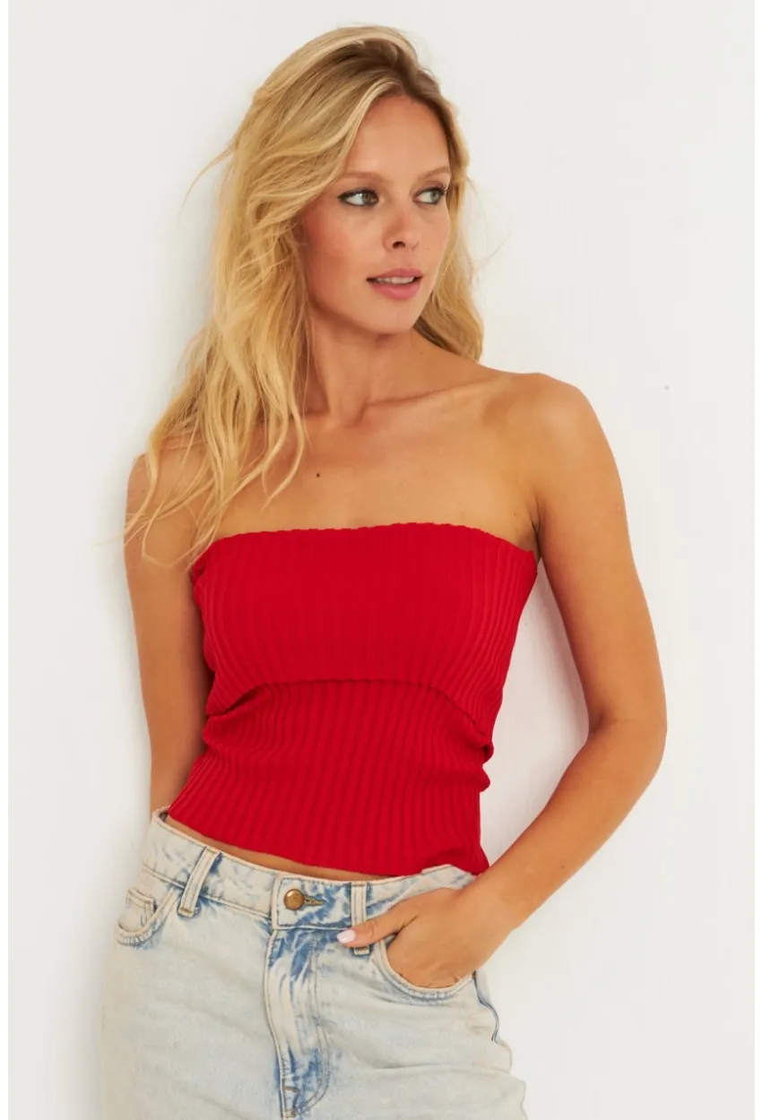 Kadın Kırmızı Straplez Triko Bluz YV240