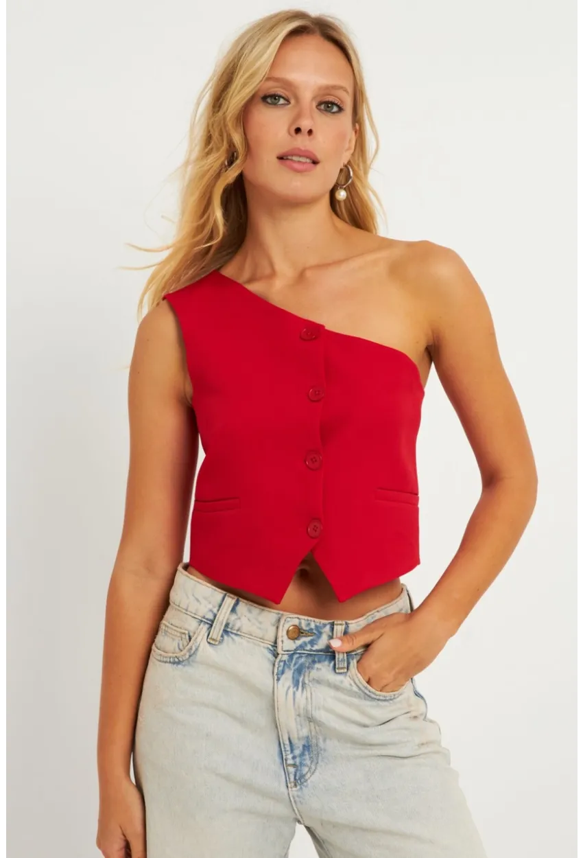 Kadın Kırmızı Tek Omuz Astarlı Yelek TW60140