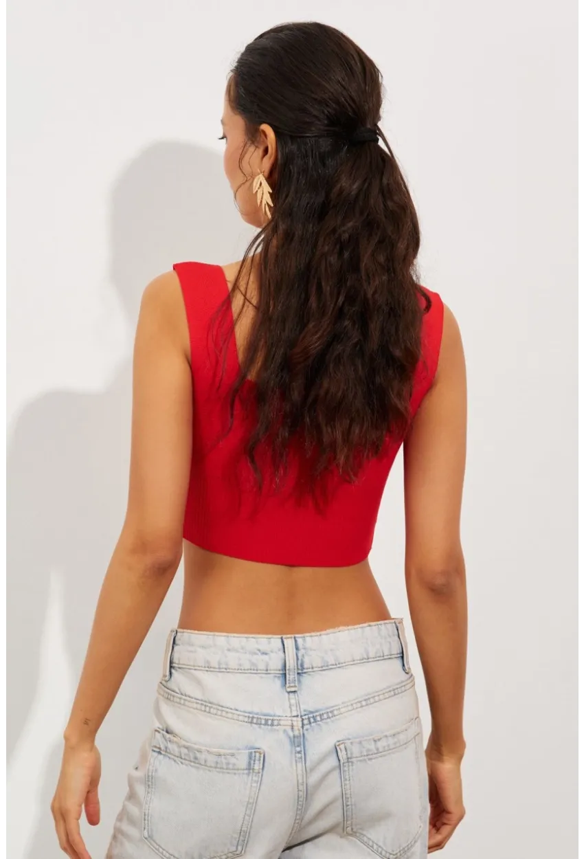 Kadın Kırmızı Triko Crop Atlet YV118