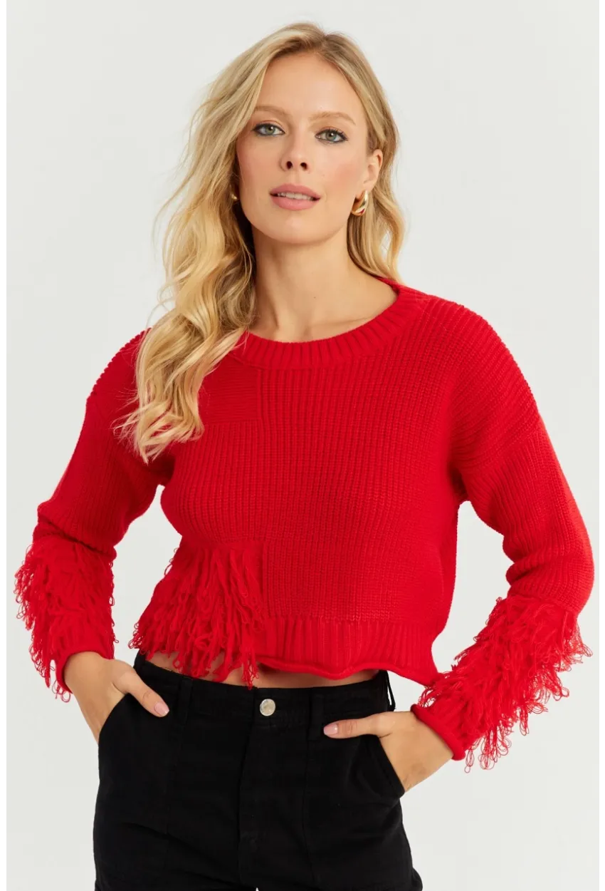 Kadın Kırmızı Triko Kısa Kazak YZ526