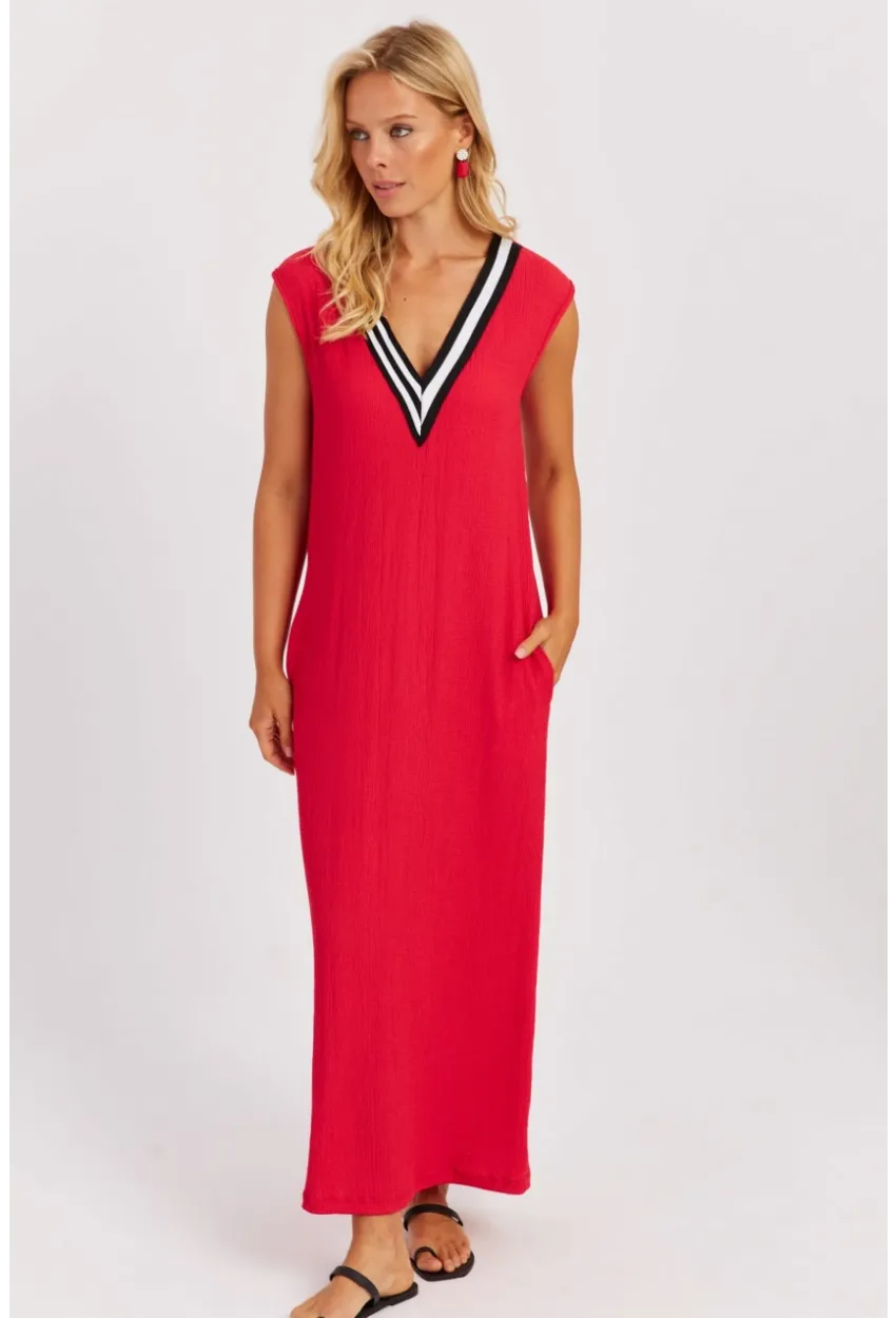 Kadın Kırmızı V Yaka Bloklu Maxi Elbise EY2779