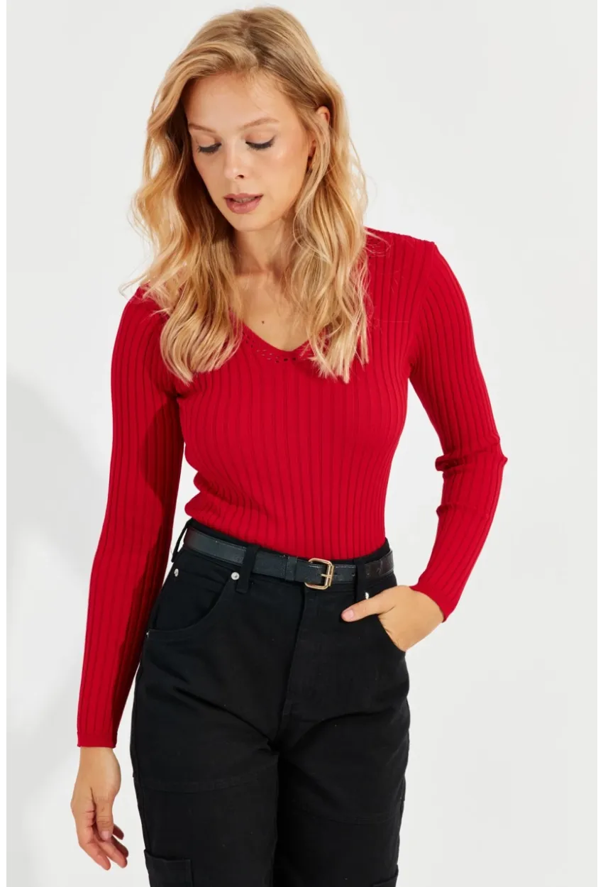 Kadın Kırmızı V Yaka Fitilli Triko Bluz SMT216