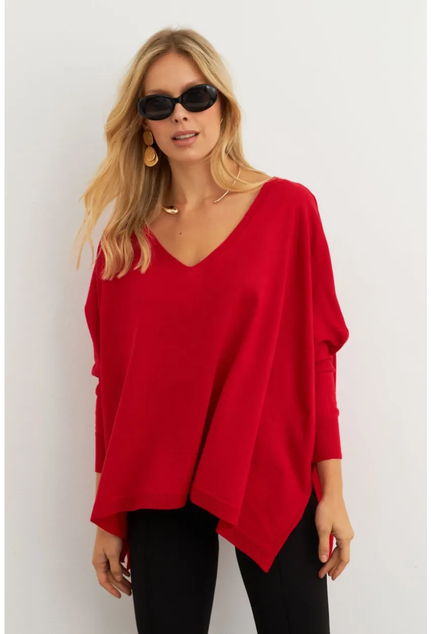 Kadın Kırmızı V Yaka Salaş Bluz YV304