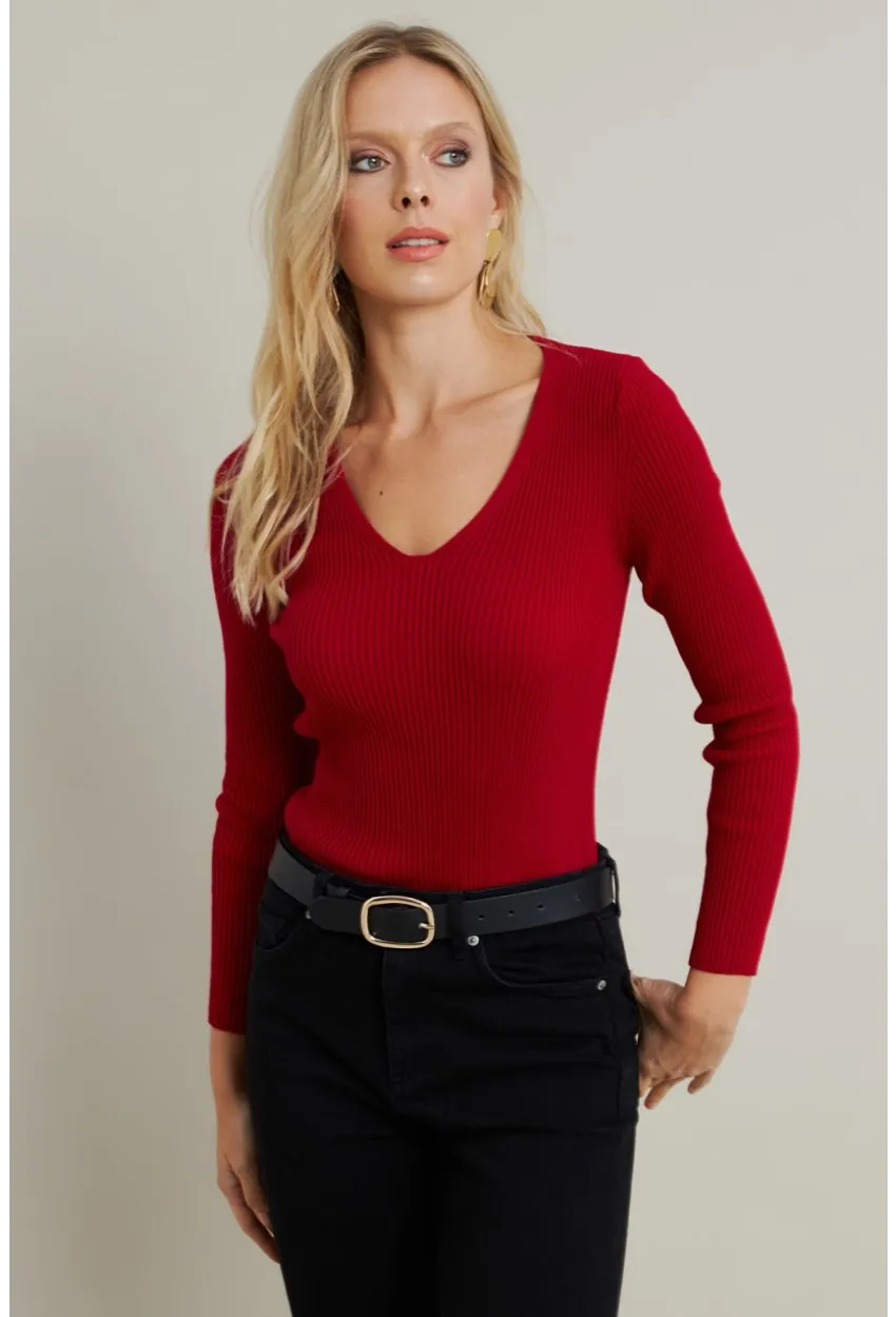 Kadın Kırmızı V Yaka Triko Bluz YV284