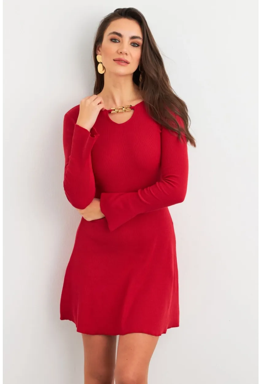 Kadın Kırmızı Yakası Aksesuarlı Mini Elbise FRY2267