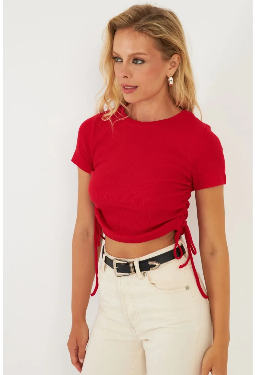 Kadın Kırmızı Yanları Büzgülü Kaşkorse Bluz AYD355