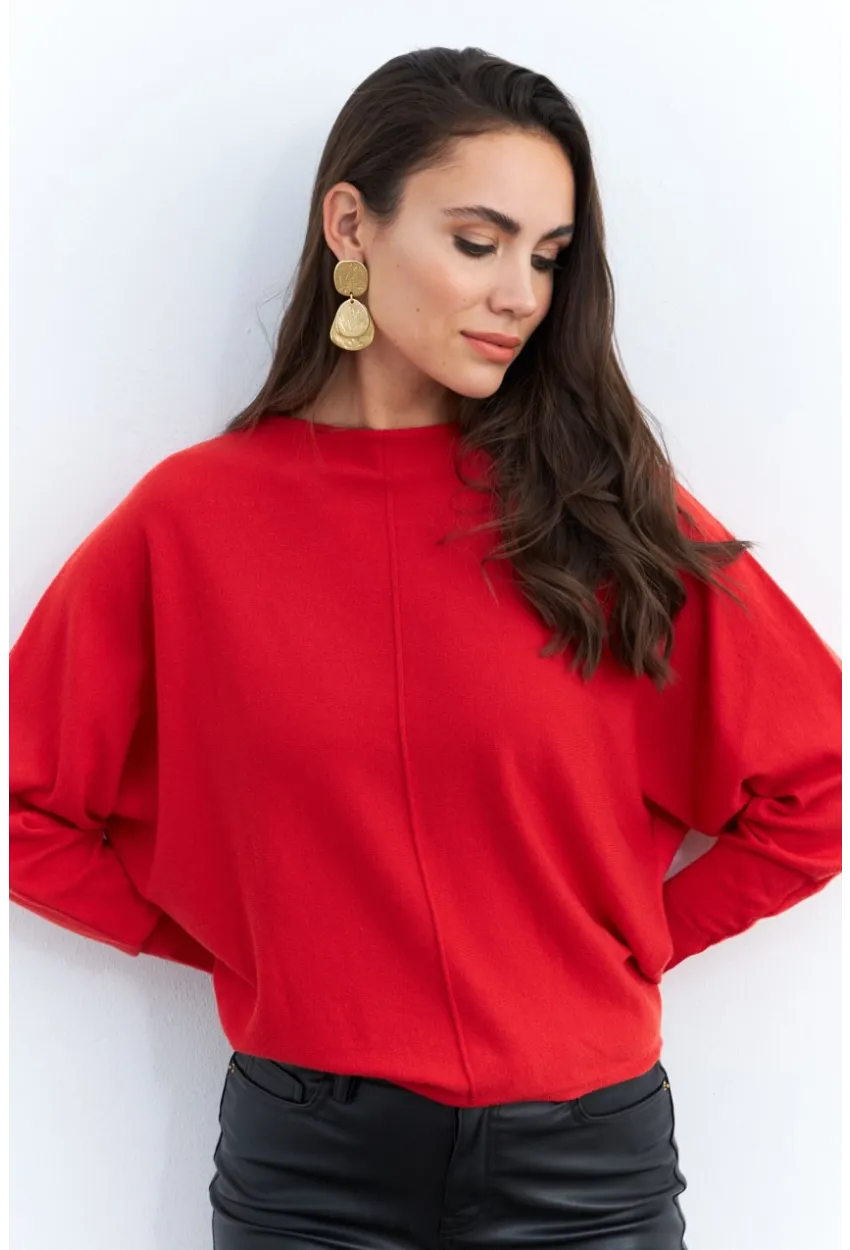 Kadın Kırmızı Yarasa Kol Kazak YİL558