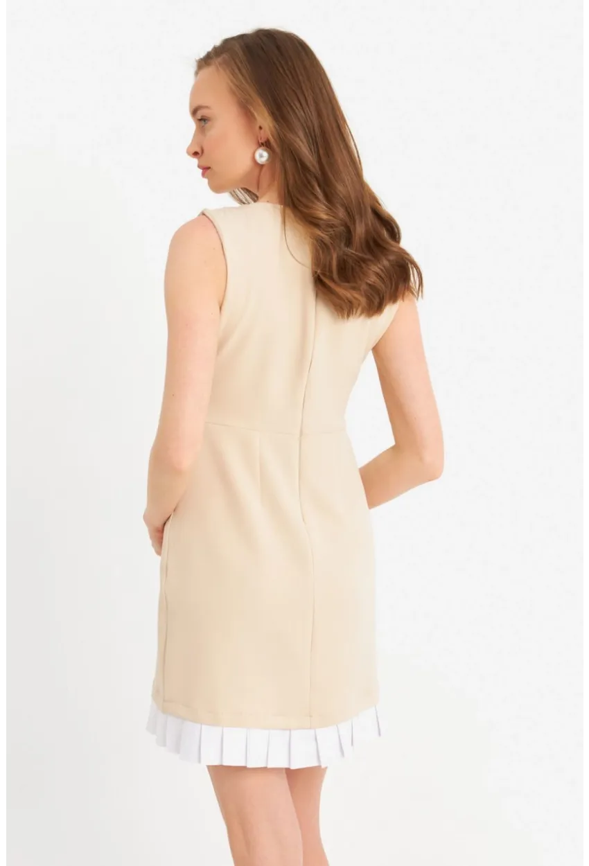 Kadın Krem Kontrast Pileli Mini Elbise FRY100