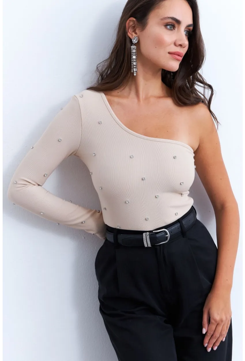 Kadın Krem Taşlı Tek Kol Crop Bluz HOL2