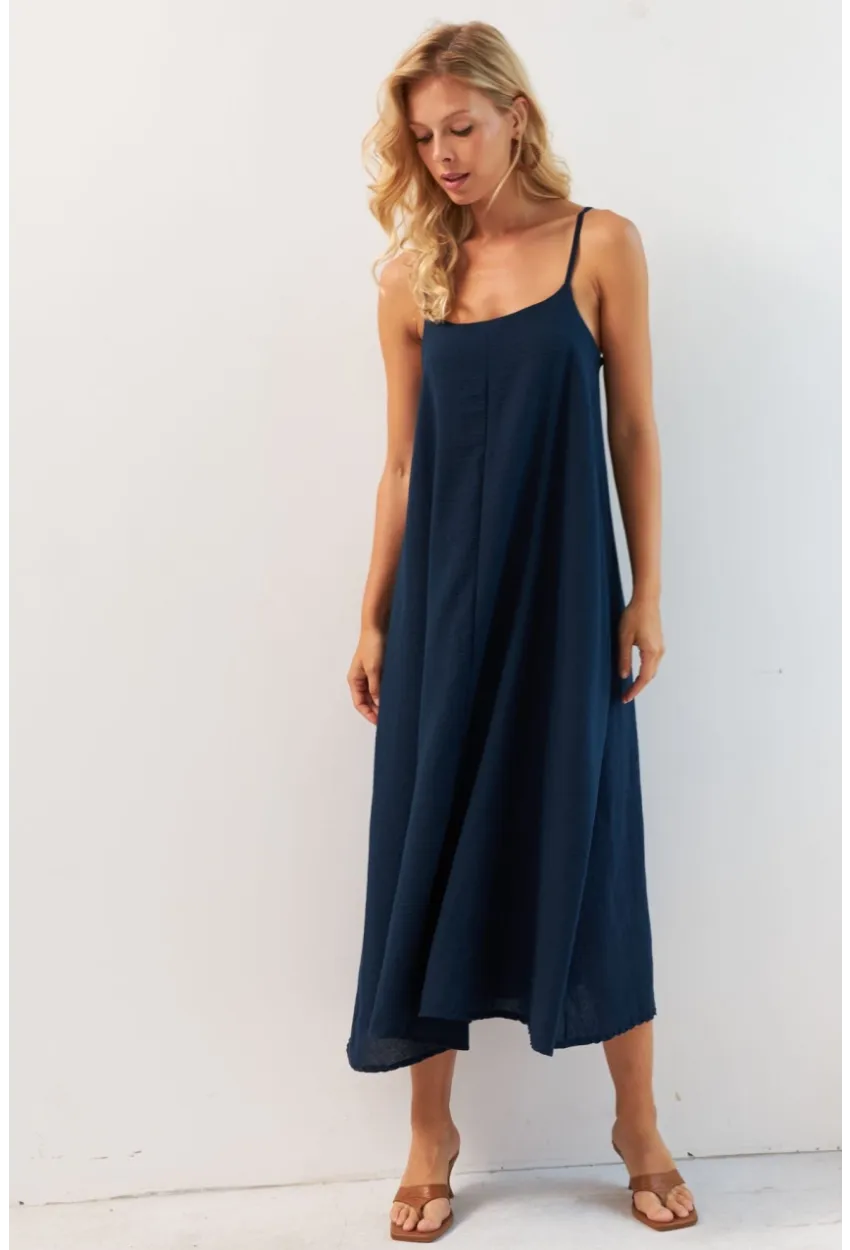 Kadın Lacivert Ayarlanabilir Askılı Midi Keten Elbise DMR355