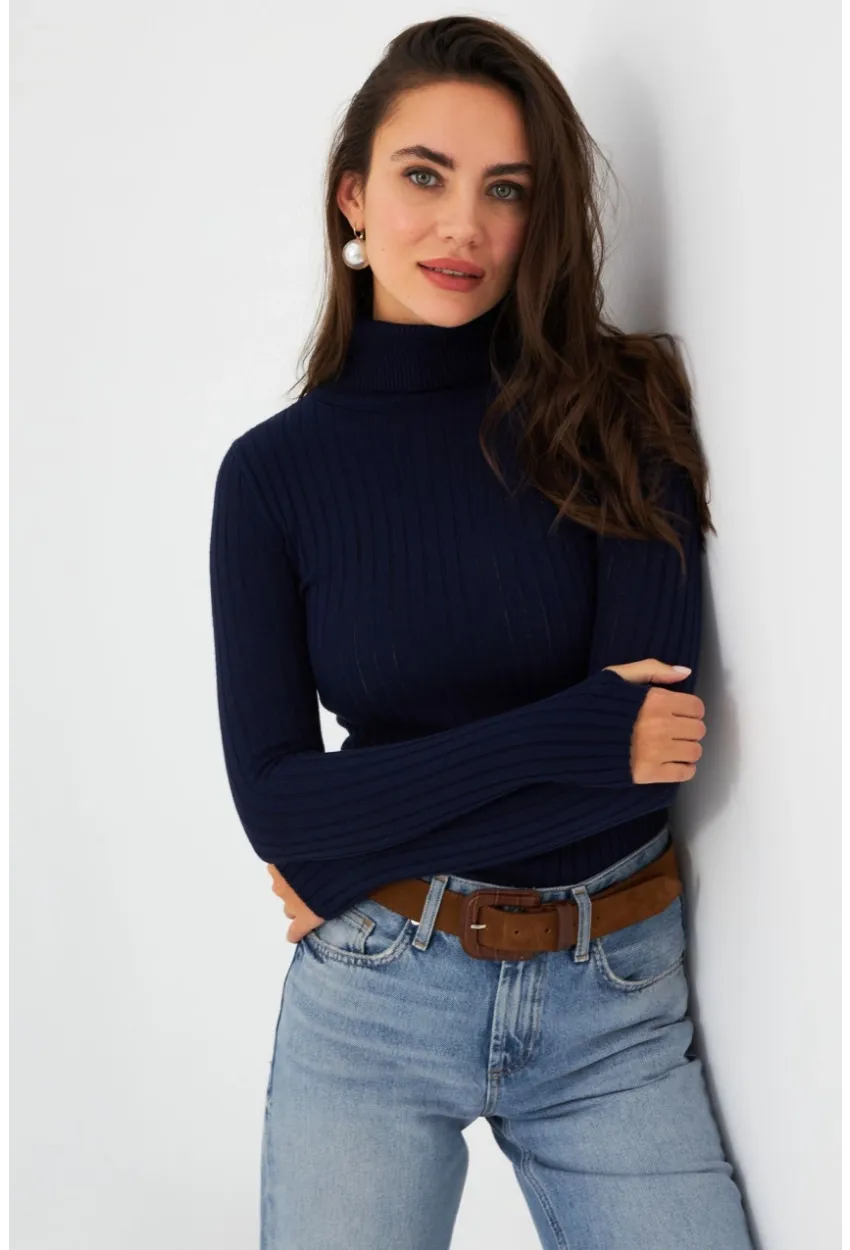 Kadın Lacivert Balıkçı Yaka Triko Bluz YV102-90