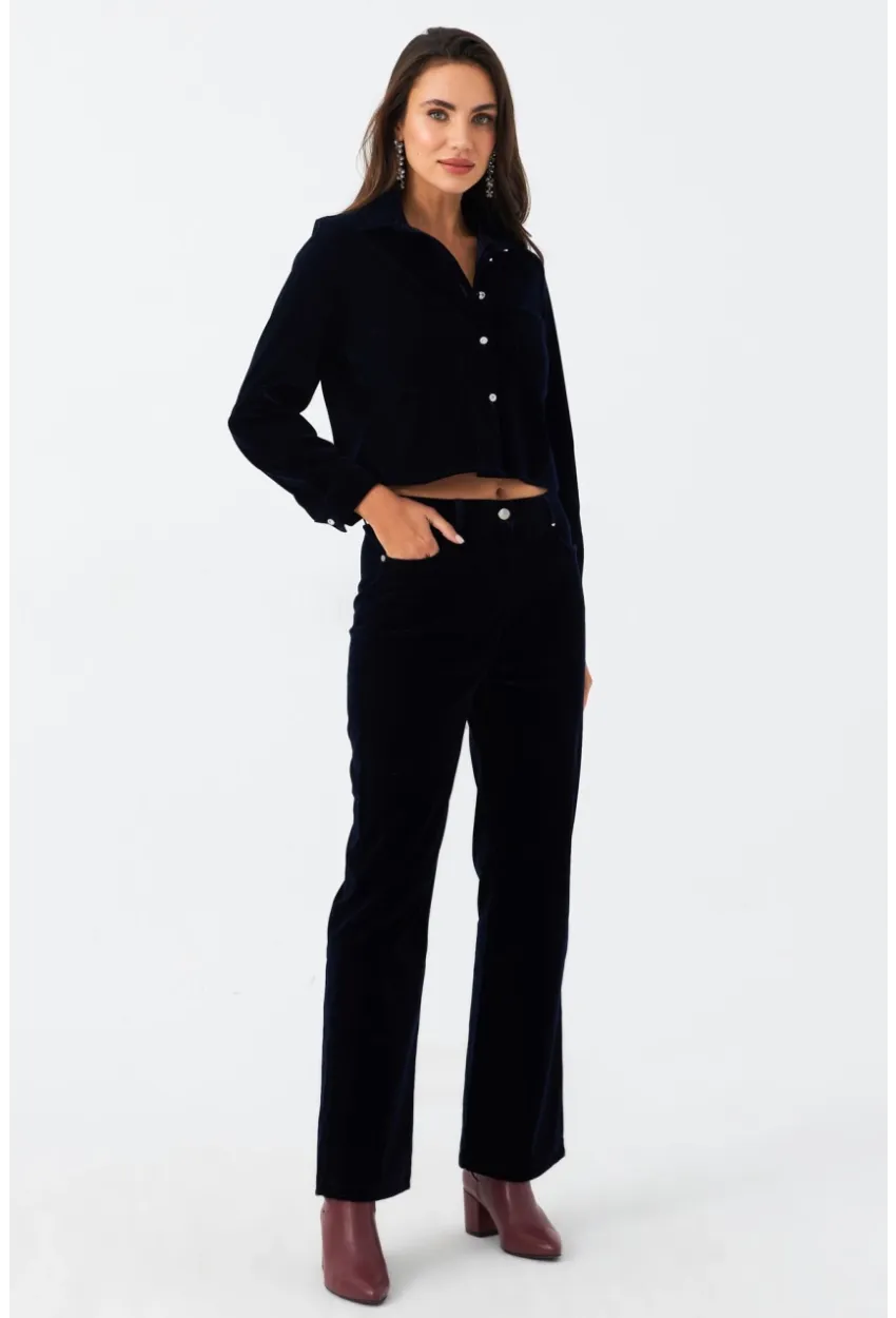 Kadın Lacivert Beli Lastikli Kadife Pantolon CAR1076