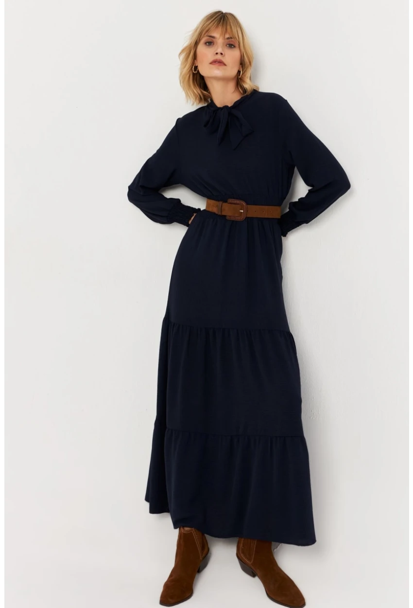 Kadın Lacivert Boyun Bağlamalı Maxi Elbise MASF217