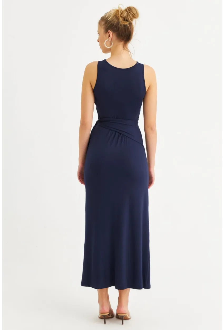 Kadın Lacivert Büzgülü Kolsuz Midi Elbise TF75