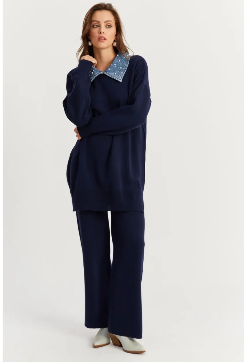 Kadın Lacivert Denim Yakalı İncili Alt Üst Triko Takım MNUV22