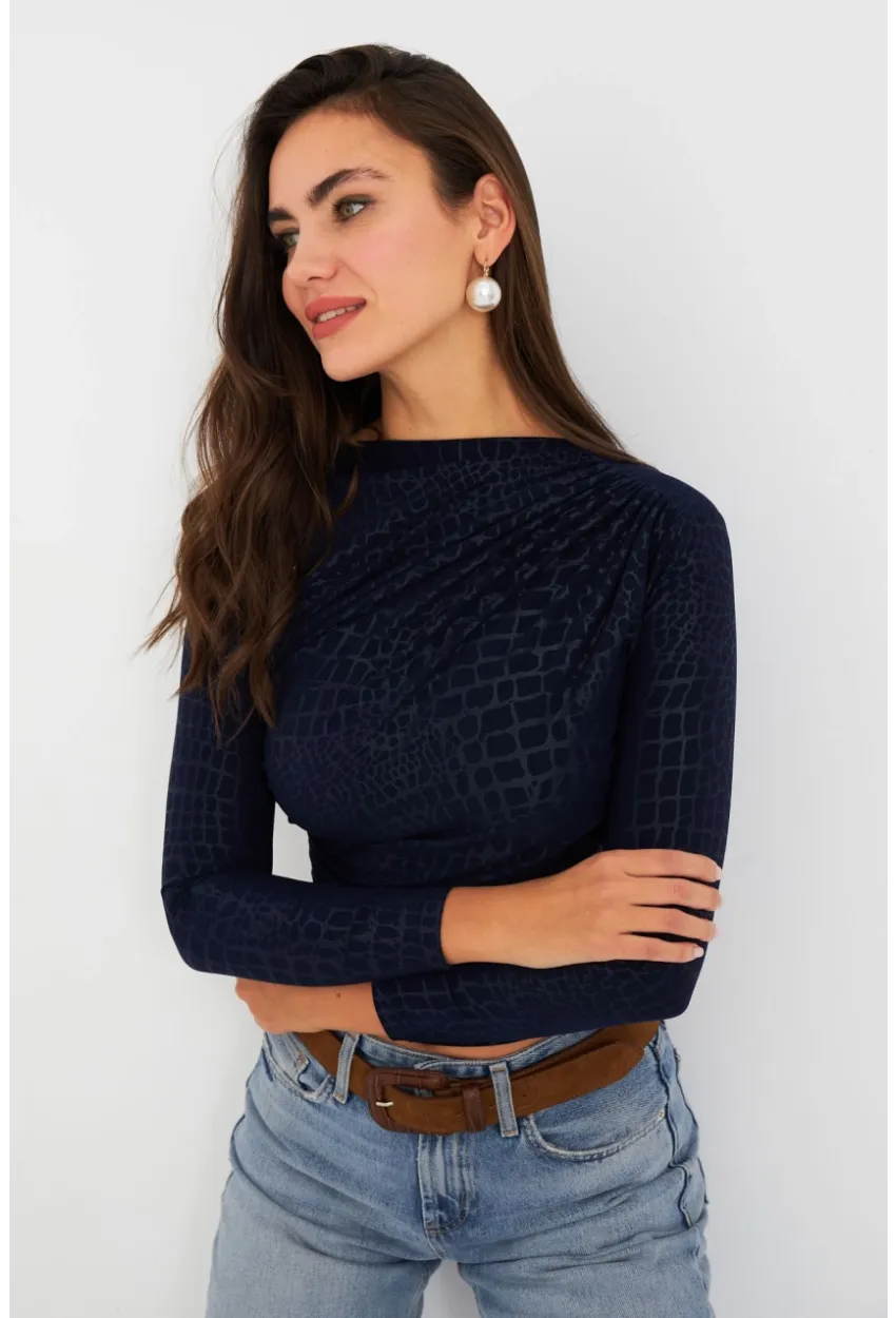 Kadın Lacivert Desenli Büzgülü Bluz LPP1279