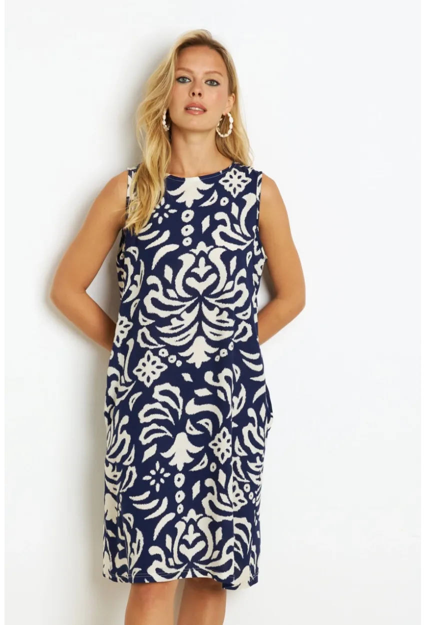 Kadın Lacivert Desenli Cepli Midi Elbise YZ1059