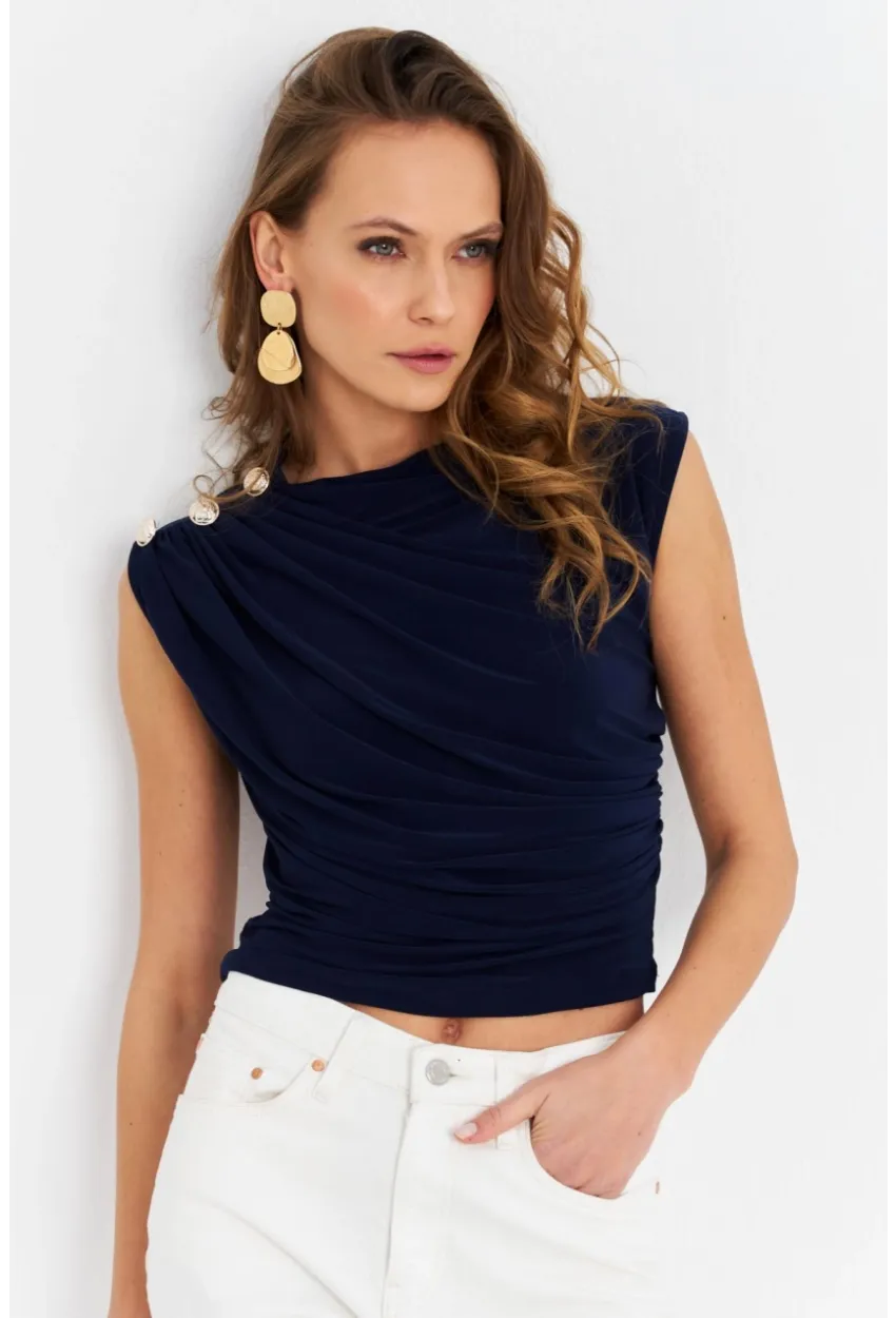 Kadın Lacivert Düğme Detaylı Büzgülü Bluz LPP1205-1