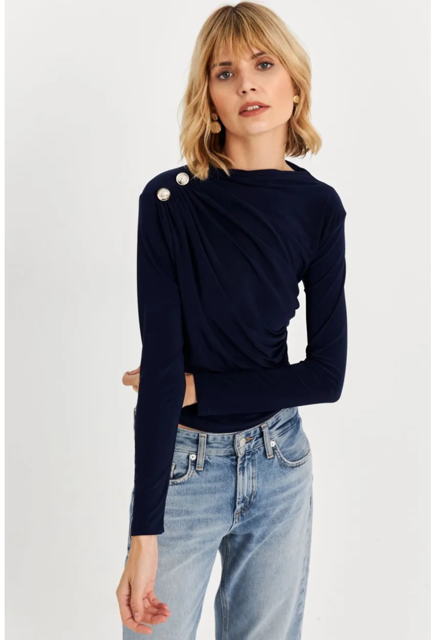 Kadın Lacivert Düğme Detaylı Büzgülü Bluz LPP1223-1