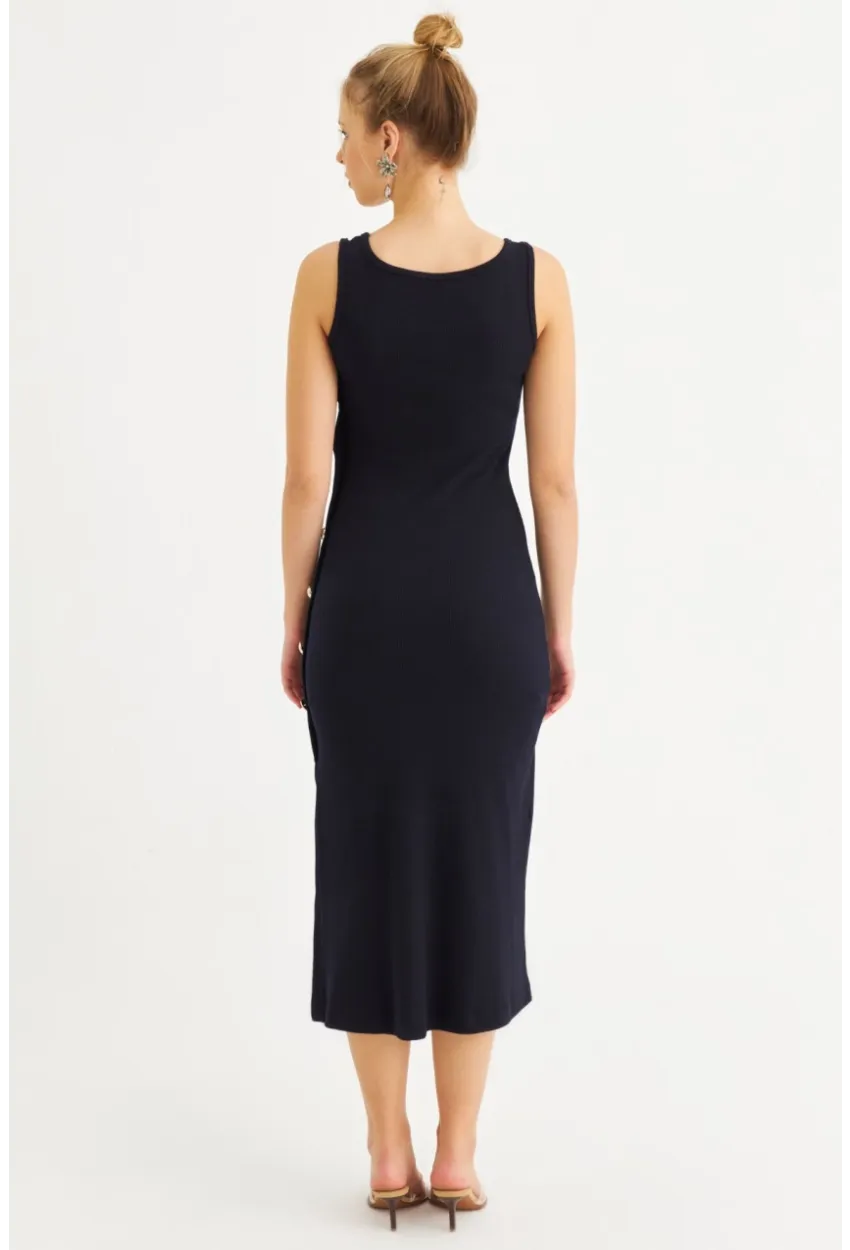 Kadın Lacivert Düğme Detaylı Kaşkorse Midi Elbise EY2837