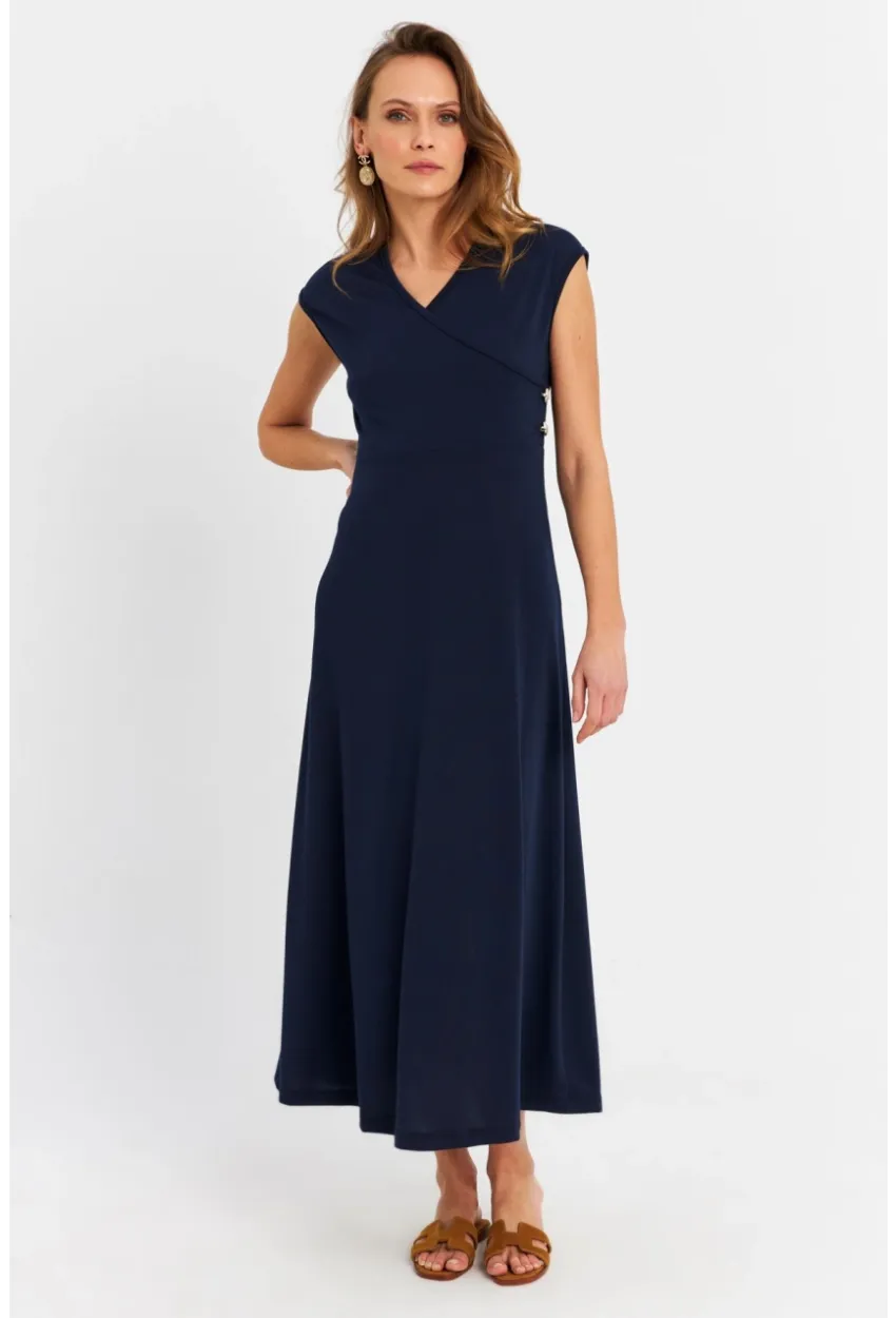 Kadın Lacivert Düğme Detaylı Kruvaze Midi Elbise MEY0011