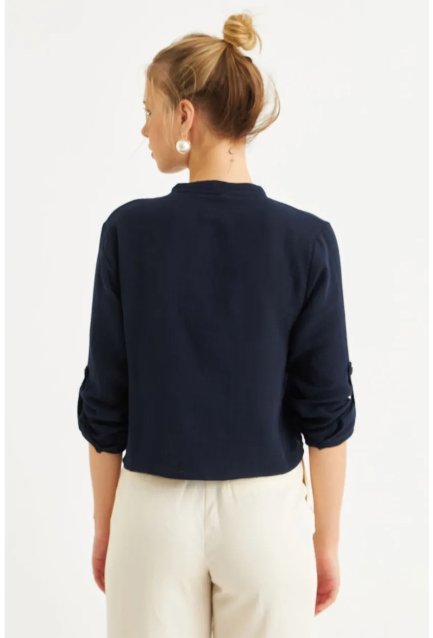 Kadın Lacivert Düğmeli Keten Gömlek Bluz BTH17