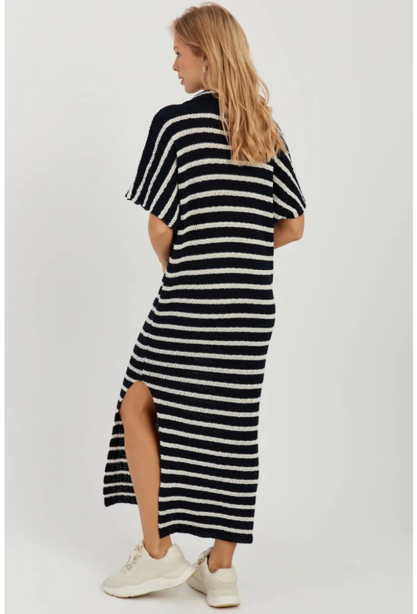 Kadın Lacivert-Ekru Ajurlu Triko Midi Elbise YZ622
